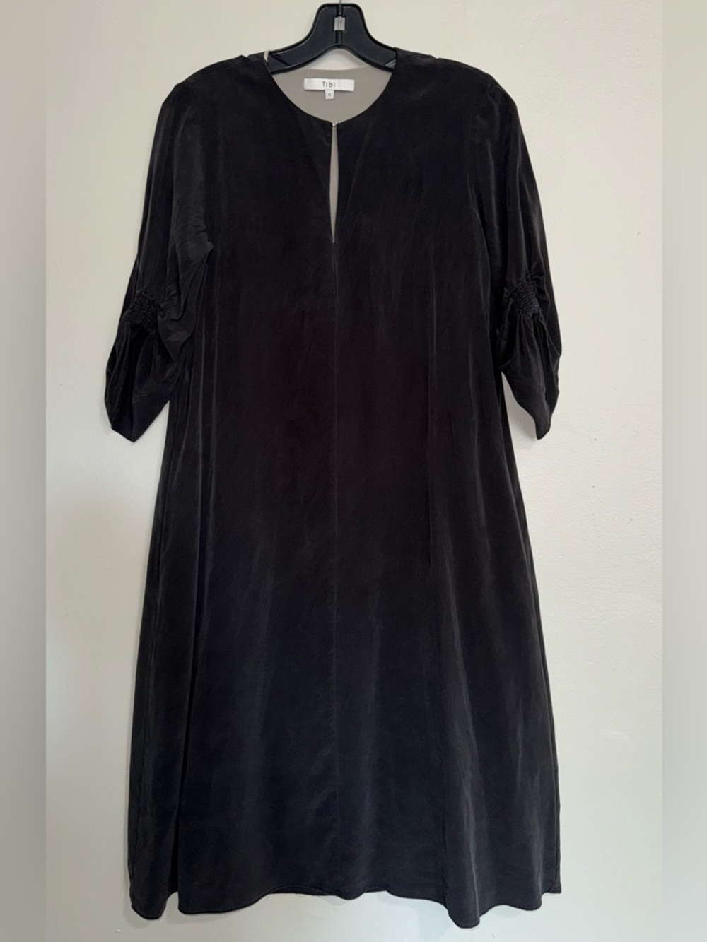 Tibi Black Mini Silk Shift Dress with Gathered Elbow Sleeves